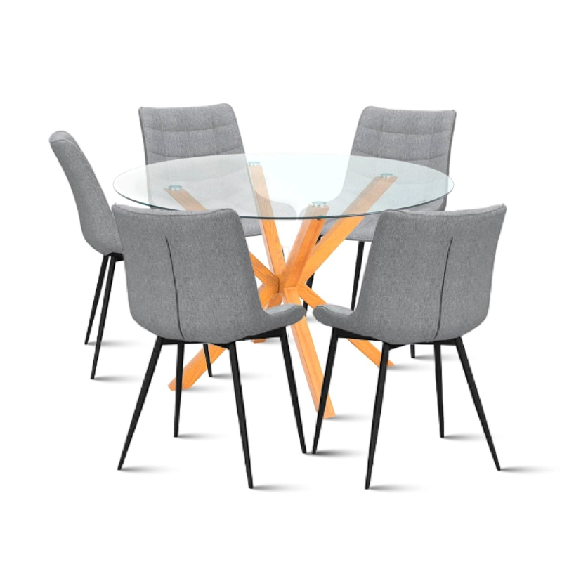 COMEDOR MESA REDONDA DE VIDRIO CROSS 120CM + 5 SILLA MACRON TERCIOPELO - GRIS - 1