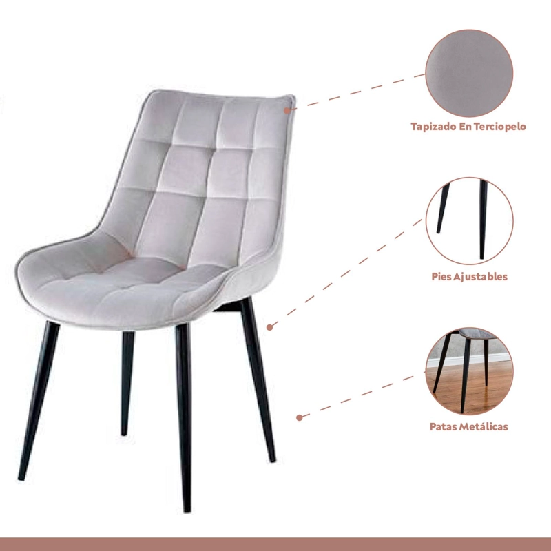 COMEDOR MESA REDONDA DE VIDRIO CROSS 120CM + 5 SILLA MACRON TERCIOPELO - GRIS - 3