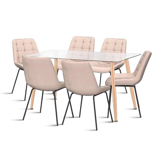 COMEDOR MESA VIDRIO RECTANGULAR 120X80 + 6 SILLA MACRON TERCIOPELO - BEIGE - 1