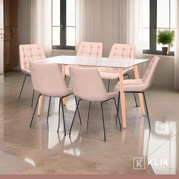 COMEDOR MESA VIDRIO RECTANGULAR 120X80 + 6 SILLA MACRON TERCIOPELO - BEIGE - 2