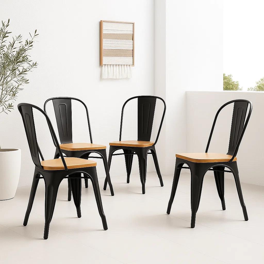 PACK KLIK MUEBLES TOLIX NEGRO 4 SILLAS CON ASIENTO MADERA CLARA NEGRAS - 2