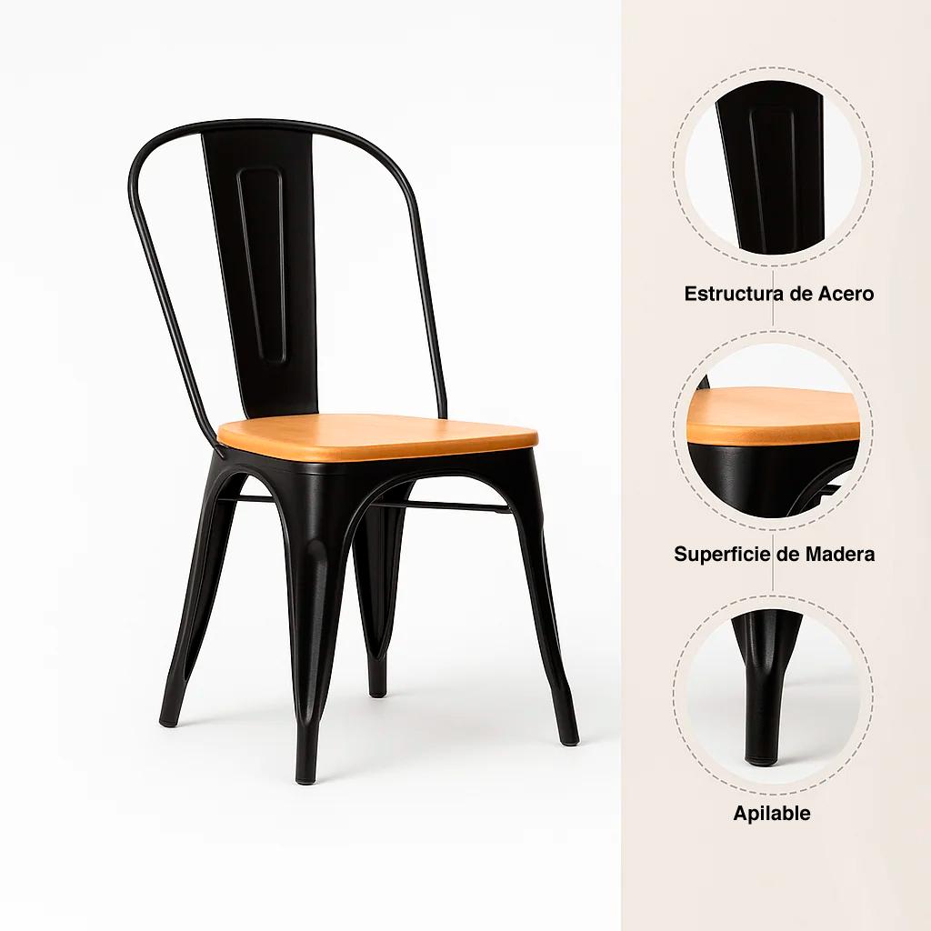 PACK KLIK MUEBLES TOLIX NEGRO 4 SILLAS CON ASIENTO MADERA CLARA NEGRAS - 5