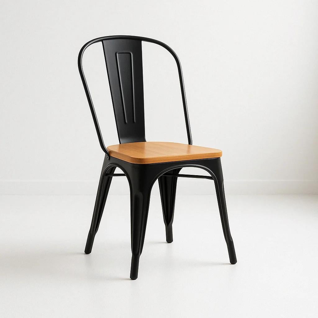 SILLA KLIK MUEBLES TOLIX NEGRO COMEDOR O TERRAZA EXTERIOR CON ASIENTO MADERA CLARA NEGRA - 1