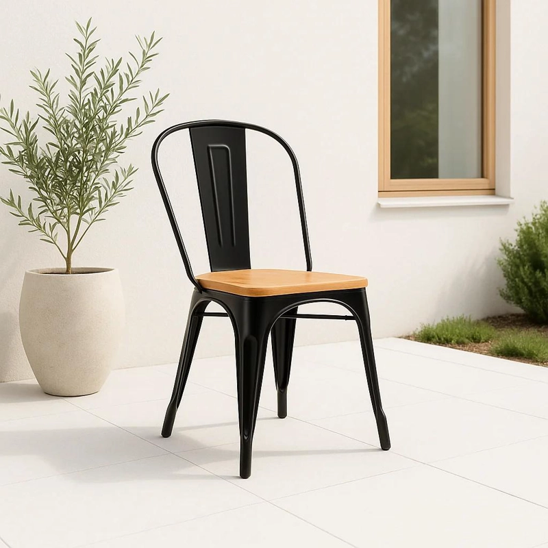 SILLA KLIK MUEBLES TOLIX NEGRO COMEDOR O TERRAZA EXTERIOR CON ASIENTO MADERA CLARA NEGRA - 2