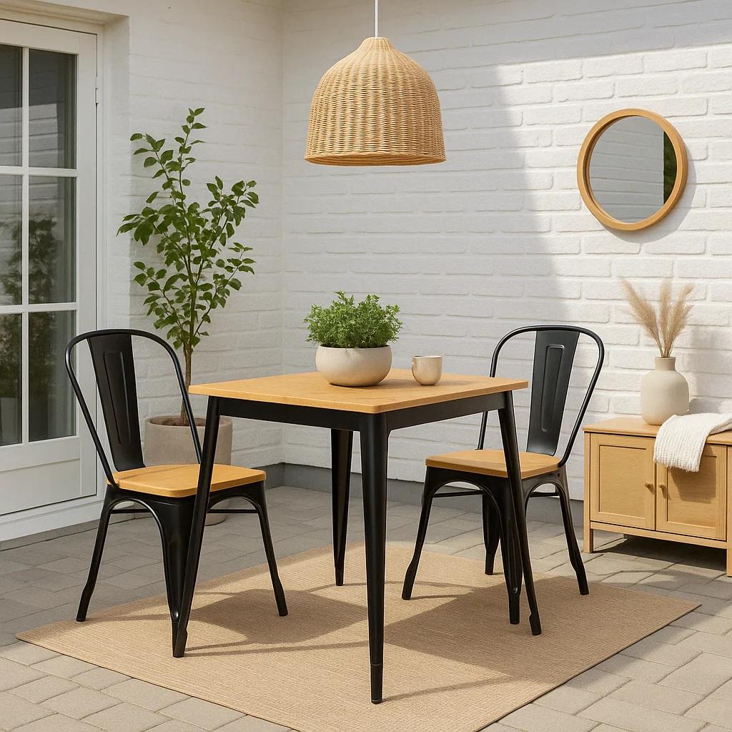 SILLA KLIK MUEBLES TOLIX NEGRO COMEDOR O TERRAZA EXTERIOR CON ASIENTO MADERA CLARA NEGRA - 3