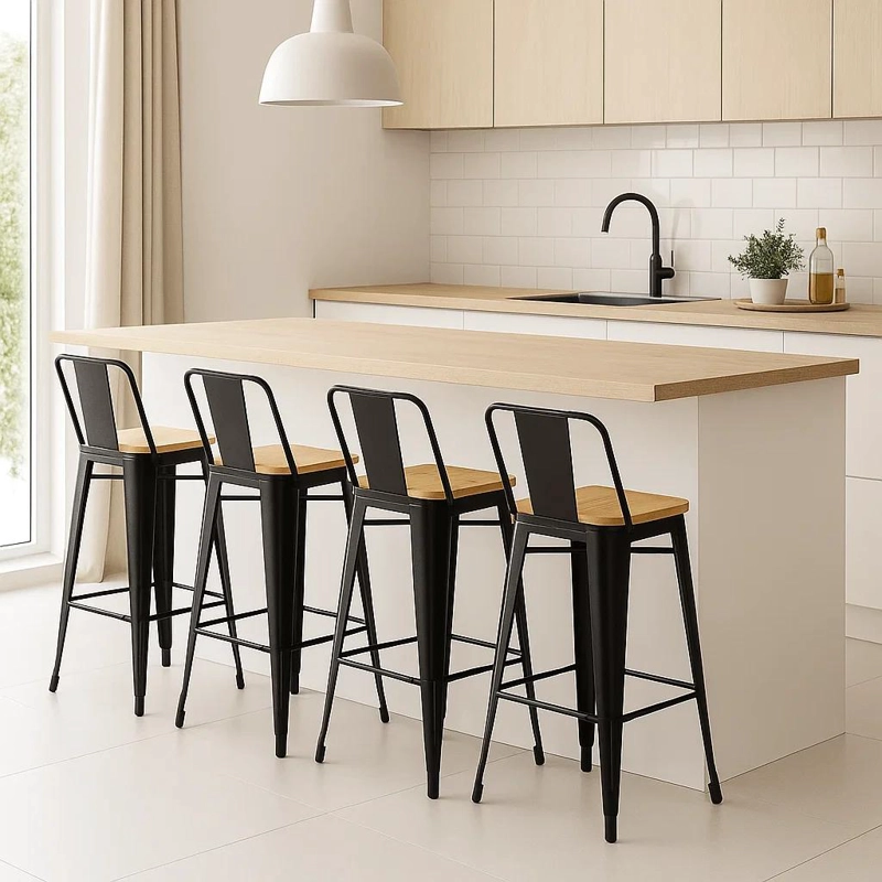 PACK KLIK MUEBLES TOLIX NEGRO 4 TABURETES CON ASIENTO MADERA CLARA NEGR - 2