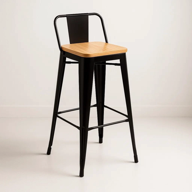 TABURETE KLIK MUEBLES TOLIX NEGRO ALTO CON RESPALDO BAR O TERRAZA ASIENTO DE MADERA CLARA - 1
