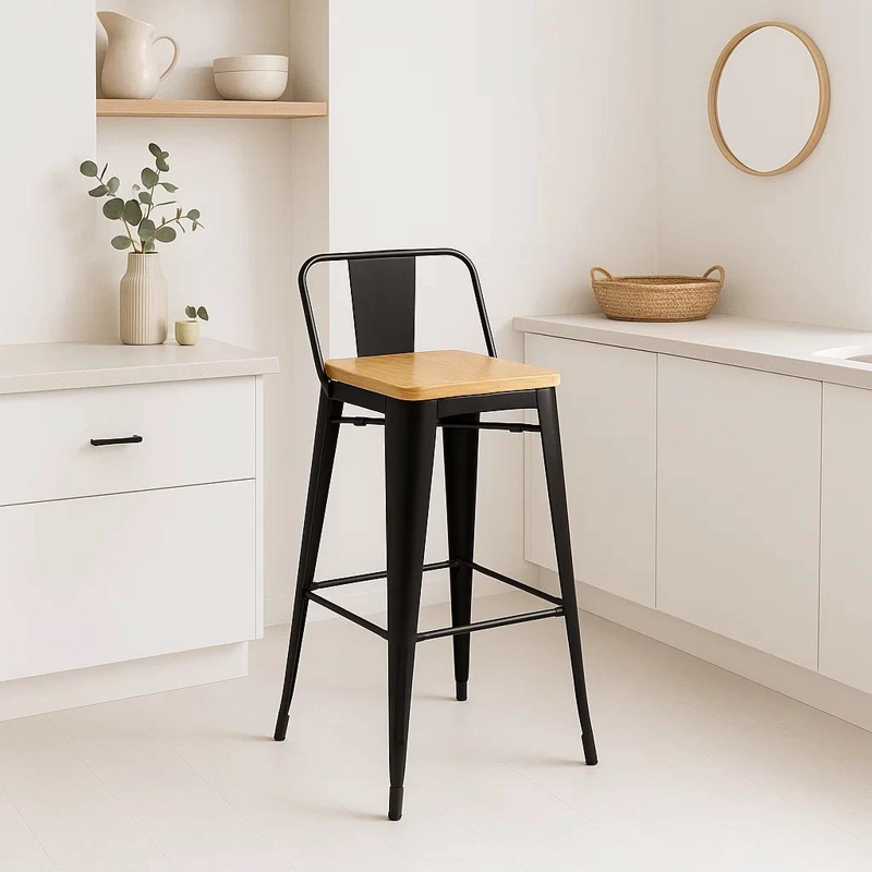 TABURETE KLIK MUEBLES TOLIX NEGRO ALTO CON RESPALDO BAR O TERRAZA ASIENTO DE MADERA CLARA - 2