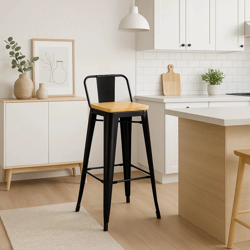 TABURETE KLIK MUEBLES TOLIX NEGRO ALTO CON RESPALDO BAR O TERRAZA ASIENTO DE MADERA CLARA - 3