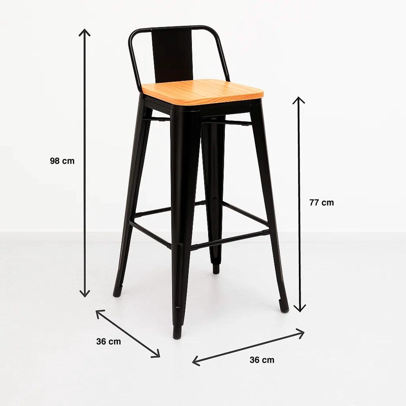 TABURETE KLIK MUEBLES TOLIX NEGRO ALTO CON RESPALDO BAR O TERRAZA ASIENTO DE MADERA CLARA - 4