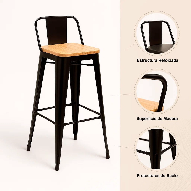 TABURETE KLIK MUEBLES TOLIX NEGRO ALTO CON RESPALDO BAR O TERRAZA ASIENTO DE MADERA CLARA - 5