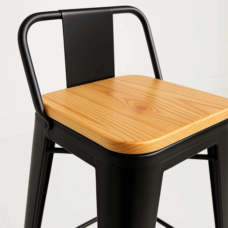 TABURETE KLIK MUEBLES TOLIX NEGRO ALTO CON RESPALDO BAR O TERRAZA ASIENTO DE MADERA CLARA - 6