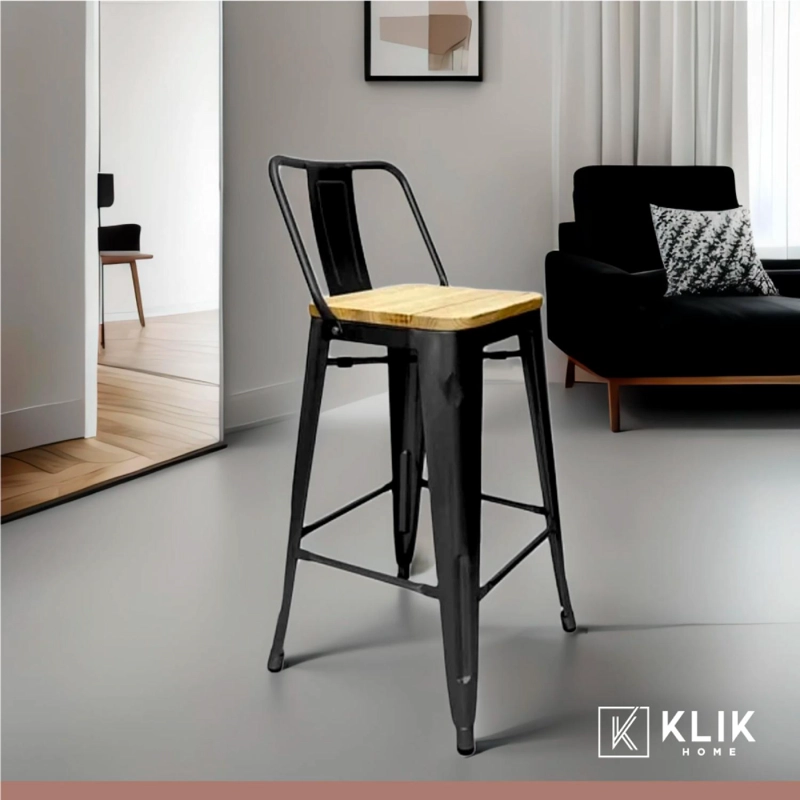 TABURETE KLIK MUEBLES TOLIX NEGRO ALTO CON RESPALDO BAR O TERRAZA ASIENTO DE MADERA CLARA - 8