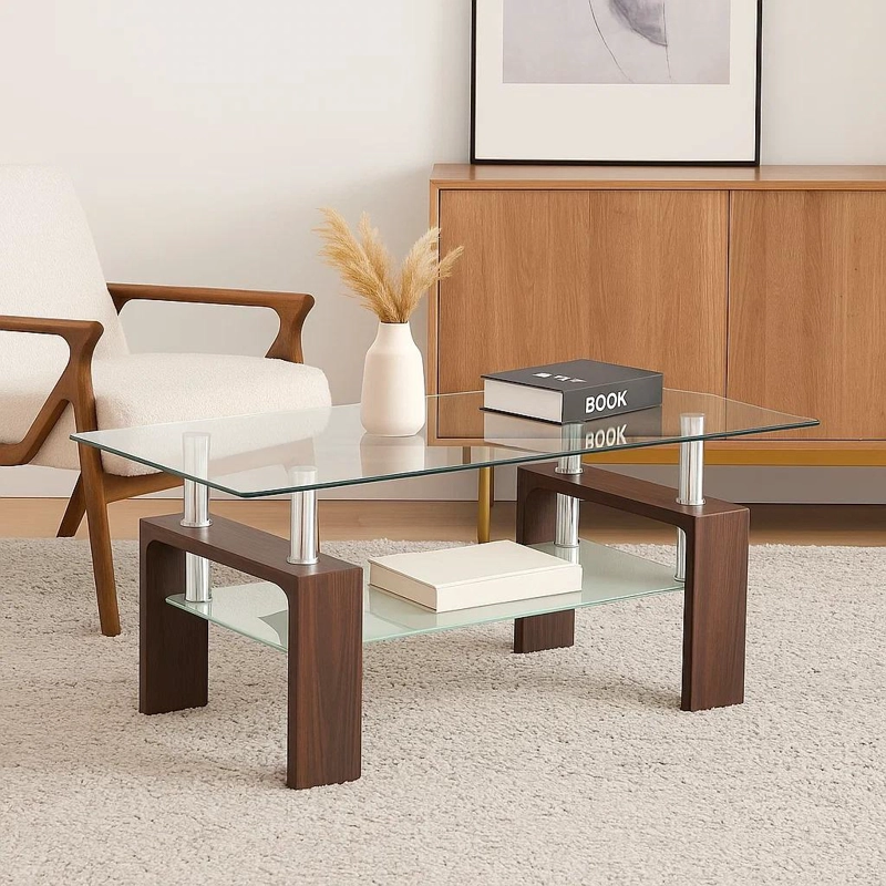 MESA CENTRO KLIK MUEBLES LIVING RECTANGULAR VIDRIO Y MADERA OSCURA - 6
