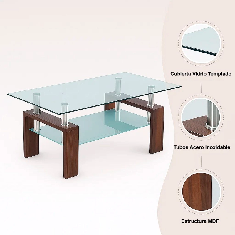 MESA CENTRO KLIK MUEBLES LIVING RECTANGULAR VIDRIO Y MADERA OSCURA - 9