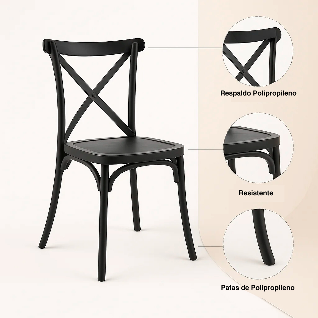 MESA RESTAURANT 80X80 POLIPROPILENO + 4 SILLAS CROSSBACK DAN - 6