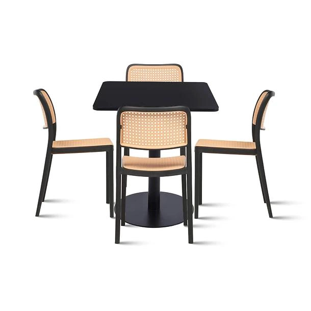 MESA RESTAURANT 70X70 TUBO METAL CUBIERTA MDF + 4 SILLAS HOFFMAN ENREJADA - NEGRA - 1