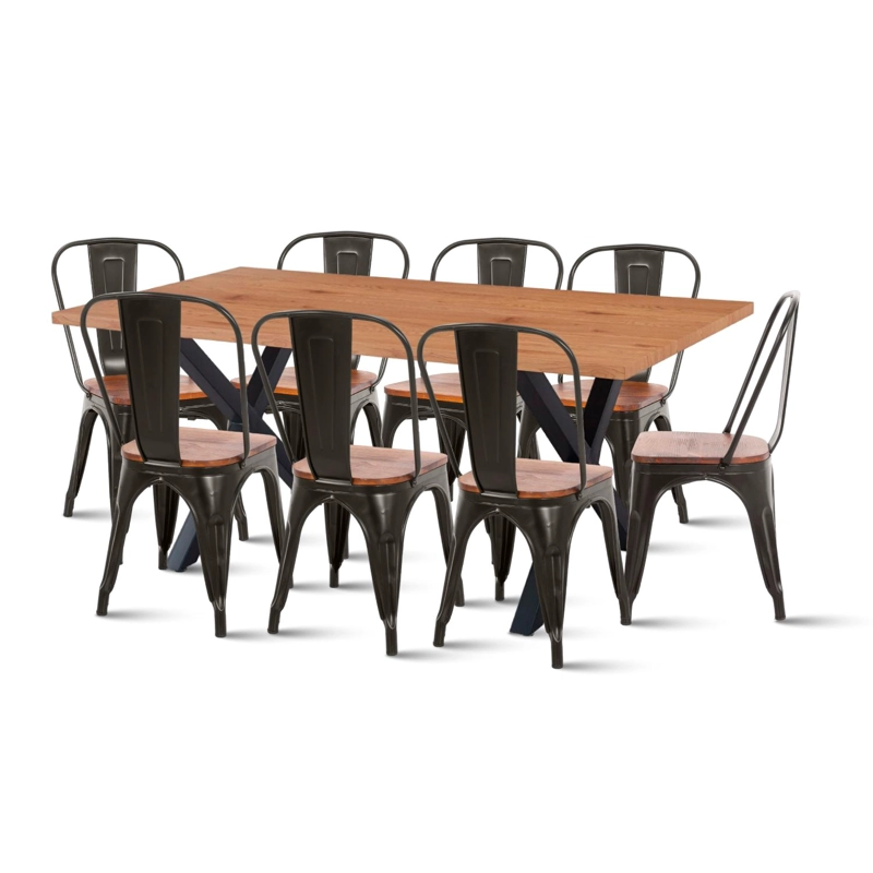 COMEDOR COLOR MADERA Y METAL CROSS 180X90 + 8 SILLAS TOLIX CON ASIENTO DE MADERA OSCURA - NEGRAS - 1
