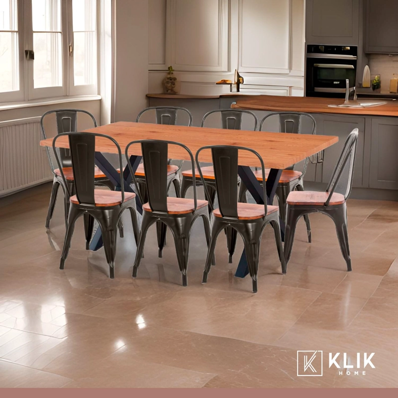 COMEDOR COLOR MADERA Y METAL CROSS 180X90 + 8 SILLAS TOLIX CON ASIENTO DE MADERA OSCURA - NEGRAS - 2