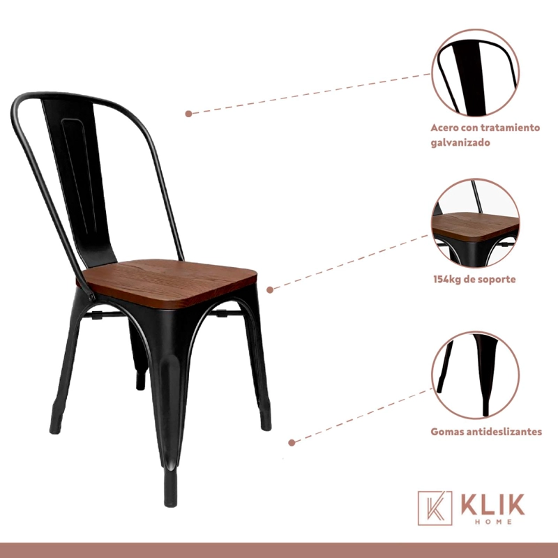 COMEDOR COLOR MADERA Y METAL CROSS 180X90 + 8 SILLAS TOLIX CON ASIENTO DE MADERA OSCURA - NEGRAS - 4