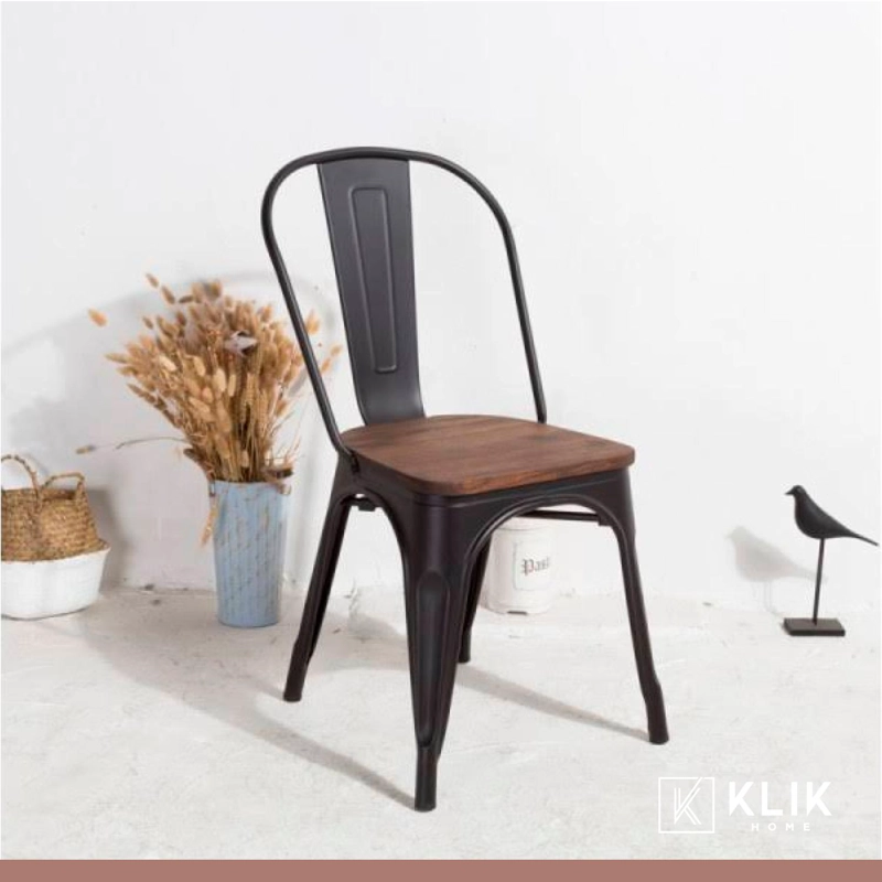 COMEDOR COLOR MADERA Y METAL CROSS 180X90 + 8 SILLAS TOLIX CON ASIENTO DE MADERA OSCURA - NEGRAS - 8