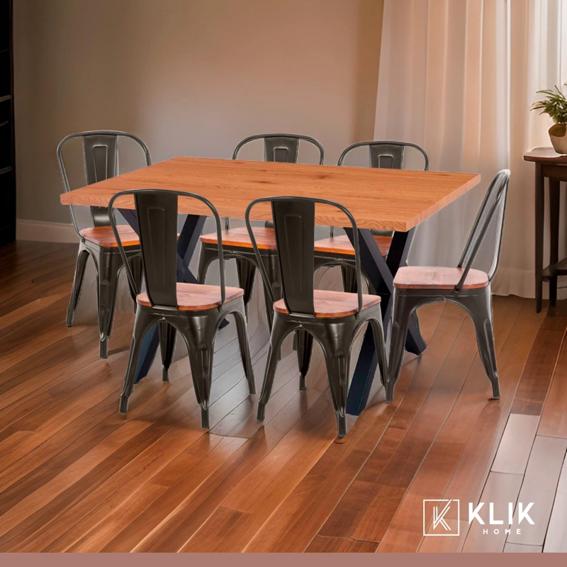 COMEDOR COLOR MADERA Y METAL CROSS 140X90 + 6 SILLAS TOLIX CON ASIENTO DE MADERA OSCURA - NEGRAS - 2