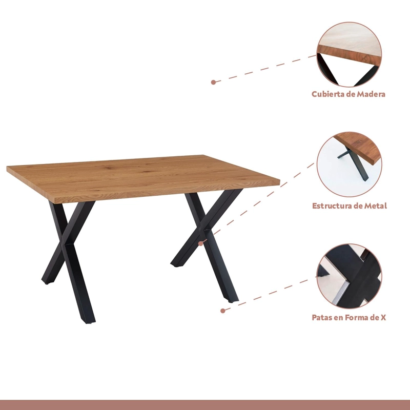 COMEDOR COLOR MADERA Y METAL CROSS 140X90 + 6 SILLAS TOLIX CON ASIENTO DE MADERA OSCURA - NEGRAS - 3