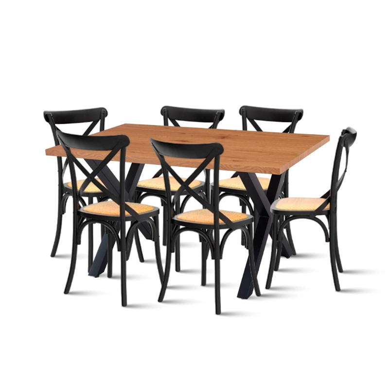 COMEDOR MESA COLOR MADERA Y METAL CROSS 140X90 + 6 SILLAS CROSSBACK MADERA RATTAN NEGRA - 1