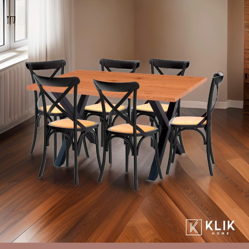 COMEDOR MESA COLOR MADERA Y METAL CROSS 140X90 + 6 SILLAS CROSSBACK MADERA RATTAN NEGRA - 2