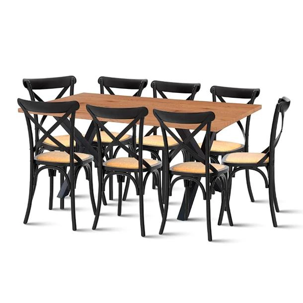 COMEDOR MESA COLOR MADERA Y METAL CROSS 180X90 + 8 SILLAS CROSSBACK MADERA RATTAN NEGRA - 1