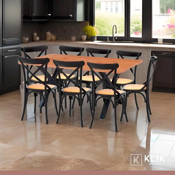 COMEDOR MESA COLOR MADERA Y METAL CROSS 180X90 + 8 SILLAS CROSSBACK MADERA RATTAN NEGRA - 2