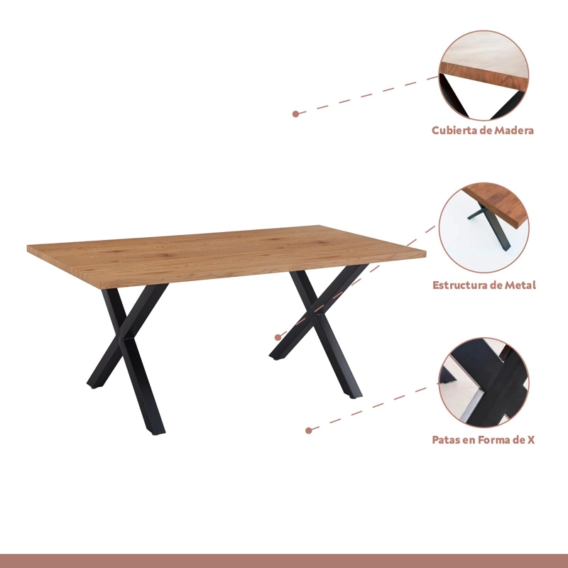 COMEDOR MESA COLOR MADERA Y METAL CROSS 180X90 + 8 SILLAS CROSSBACK MADERA RATTAN NEGRA - 3