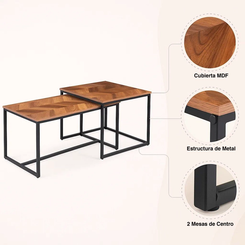 MESA CENTRO KLIK MUEBLES DOBLE RECTANGULAR MADERA CLARA METAL - 5