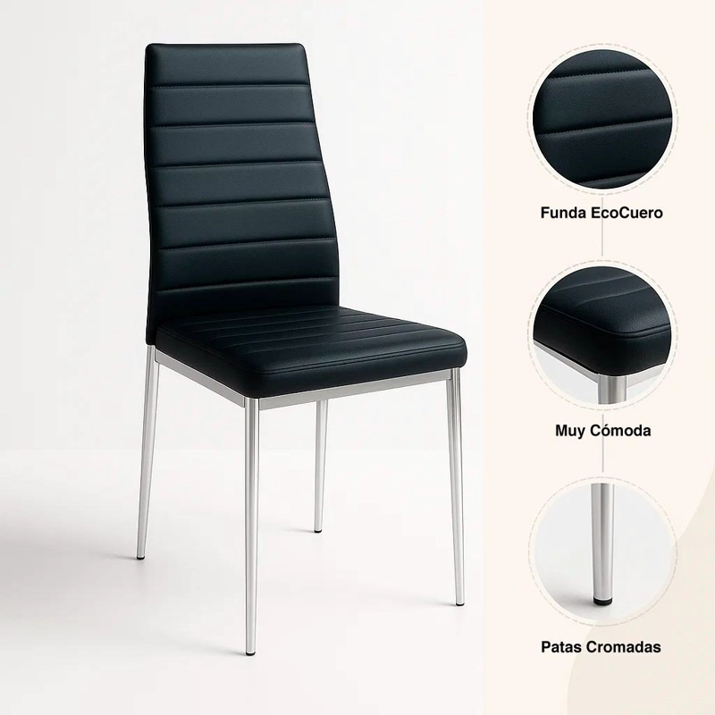 PACK KLIK MUEBLES DINING LIANA NEGRO 4 SILLAS ACOLCHADAS CON PATAS CROMADAS - 5