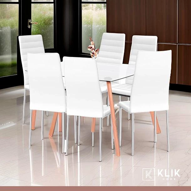 COMEDOR MESA DE VIDRIO RECTANGULAR 140X90CM + 6 SILLAS DINING LIANA ACOLCHADAS - BLANCAS - 2