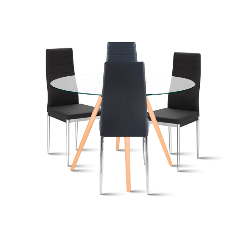 COMEDOR MESA EAMES 100CM REDONDA VIDRIO + 4 SILLAS DINING LIANA ACOLCHADAS - NEGRAS - 1