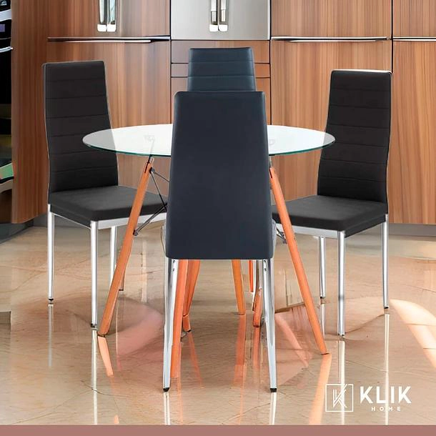 COMEDOR MESA EAMES 80CM REDONDA VIDRIO + 4 SILLAS DINING LIANA ACOLCHADAS - NEGRAS - 2