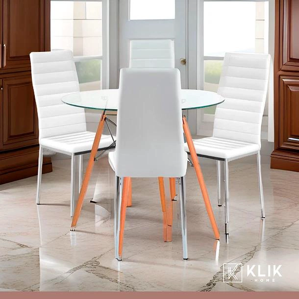 COMEDOR MESA EAMES 80CM REDONDA VIDRIO + 4 SILLAS DINING LIANA ACOLCHADAS - BLANCAS - 2
