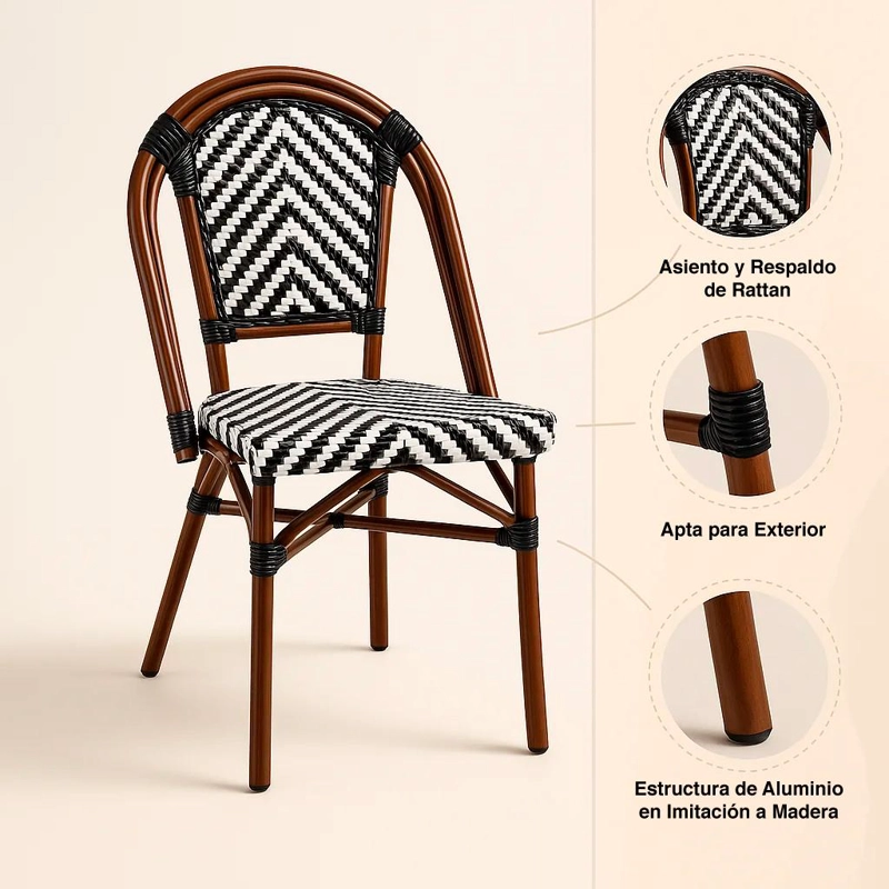SILLA KLIK MUEBLES BISTRO PARISINA MULTICOLOR RATTAN BLANCA CON NEGRO - 5