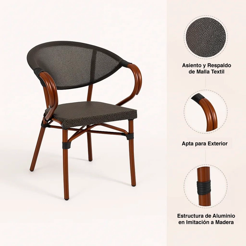 PACK DE 4 SILLAS BISTRO PARISINA  TEXTILENO CON REPOSABRAZOS - CAFE  OSCURO - 5