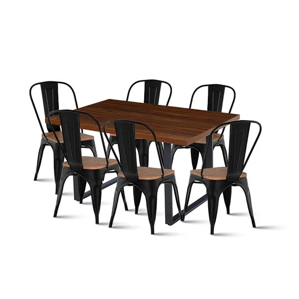 COMEDOR INDUSTRIAL 140X90 OSCURA + 6 SILLAS TOLIX NEGRAS CON ASIENTO DE MADERA OSCURA WALNUT - 1