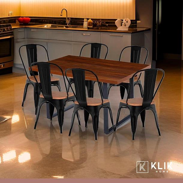 COMEDOR INDUSTRIAL 140X90 OSCURA + 6 SILLAS TOLIX NEGRAS CON ASIENTO DE MADERA OSCURA WALNUT - 2