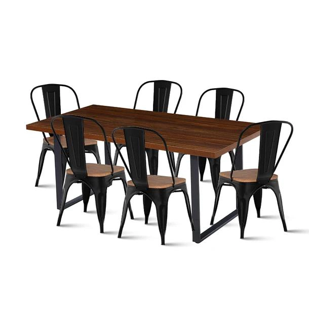 COMEDOR INDUSTRIAL 160X90 OSCURA + 6 SILLAS TOLIX NEGRAS CON ASIENTO DE MADERA OSCURA WALNUT - 1