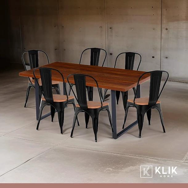 COMEDOR INDUSTRIAL 160X90 OSCURA + 6 SILLAS TOLIX NEGRAS CON ASIENTO DE MADERA OSCURA WALNUT - 2