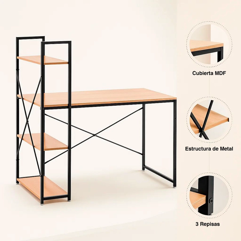 ESCRITORIO KLIK MUEBLES OSLO INDUSTRIAL HOME OFFICE CON REPISAS MADERA CLARA - 5