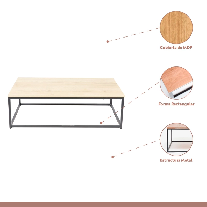 MESA CENTRO KLIK MUEBLES RECTANGULAR 110X60 MADERA CLARA METAL - 3