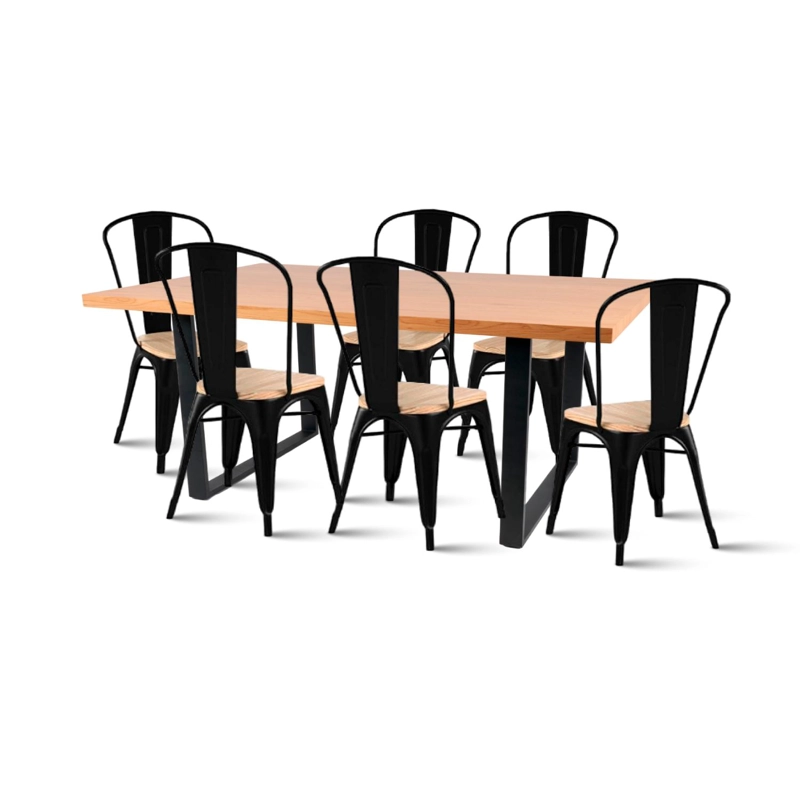 COMEDOR ESTILO INDUSTRIAL 160X90 MADERA CLARA + 6 SILLAS TOLIX NEGRAS CON ASIENTO DE MADERA CLARA - 1
