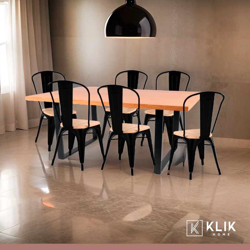 COMEDOR ESTILO INDUSTRIAL 160X90 MADERA CLARA + 6 SILLAS TOLIX NEGRAS CON ASIENTO DE MADERA CLARA - 2