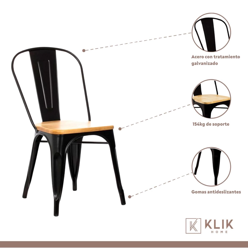 COMEDOR ESTILO INDUSTRIAL 160X90 MADERA CLARA + 6 SILLAS TOLIX NEGRAS CON ASIENTO DE MADERA CLARA - 4