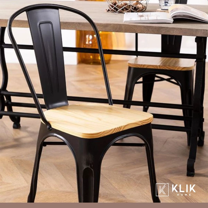 COMEDOR ESTILO INDUSTRIAL 160X90 MADERA CLARA + 6 SILLAS TOLIX NEGRAS CON ASIENTO DE MADERA CLARA - 8